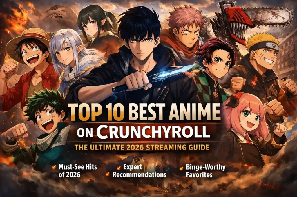 Top 10 Best Anime on Crunchyroll: The Ultimate 2026 Streaming Guide 2 Hero banner showing top anime characters in a dramatic collage promoting Crunchyroll’s best anime streaming guide for 2026.