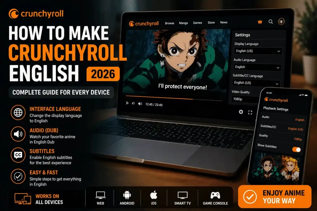 How to Make Crunchyroll English: Complete Guide for Every Device in 2026 5 Guide explaining language settings to switch interface and subtitles to English using crunchyapkpro on multiple streaming devices.