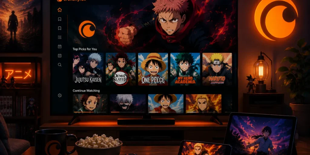 The Complete Crunchyroll Guide: Everything Anime Fans Actually Need to Know in 2026 3 Crunchyroll anime streaming service displayed across TV, tablet, and smartphone in a cinematic anime viewing setup.