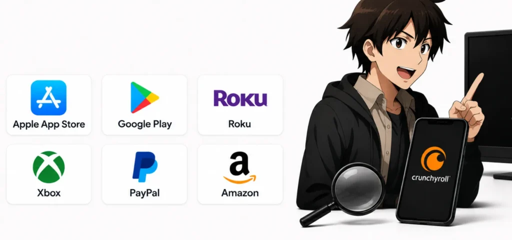How to Cancel Crunchyroll Subscription: The Complete 2026 Guide (Every Device, Every Method) 2 CrunchyAPKPro guide showing Crunchyroll subscription platforms including Apple App Store, Google Play, Roku, PlayStation, Xbox, PayPal, and Amazon