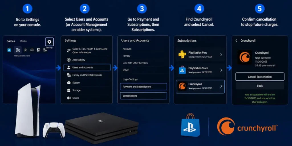 How to Cancel Crunchyroll Subscription: The Complete 2026 Guide (Every Device, Every Method) 7 How to cancel Crunchyroll membership on PS4 and PS5 using PlayStation subscription management settings
